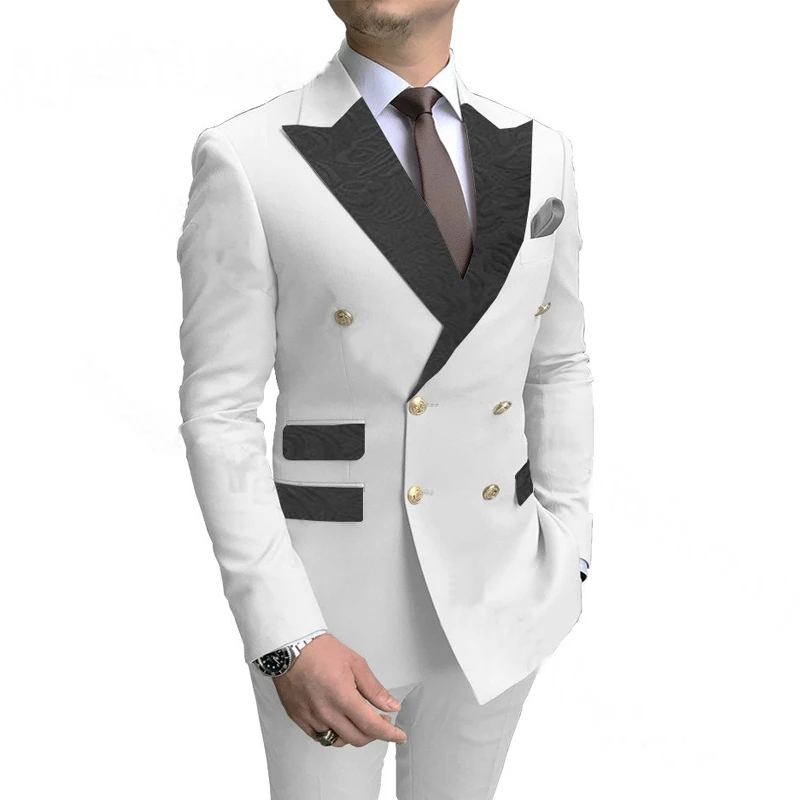 

White Double Breasted Men Suits with Floral Pattern Peaked Lapel Slim Fit Wedding Groom Tuxedo 2 Piece Male Fashion Jacket Pants