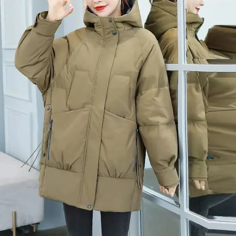 

2024 New Winter Jackets Warm Female Loose Solid Jacket Outerwear Women's Hooded Overcoat Casual Long Coats Cotton Padded Parkas