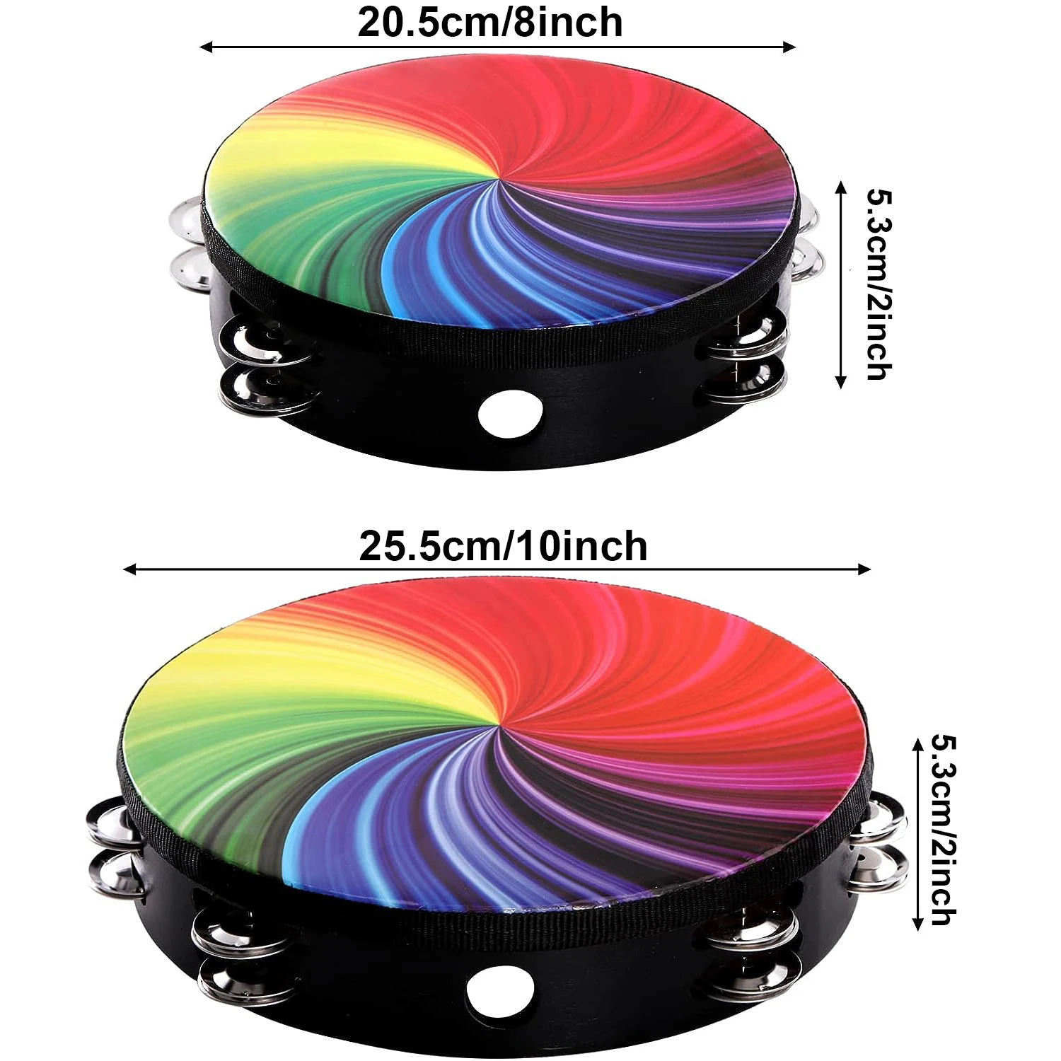 Rainbow Wood Tambourine 8/10-Inch Hand Held With Double Row Jingles