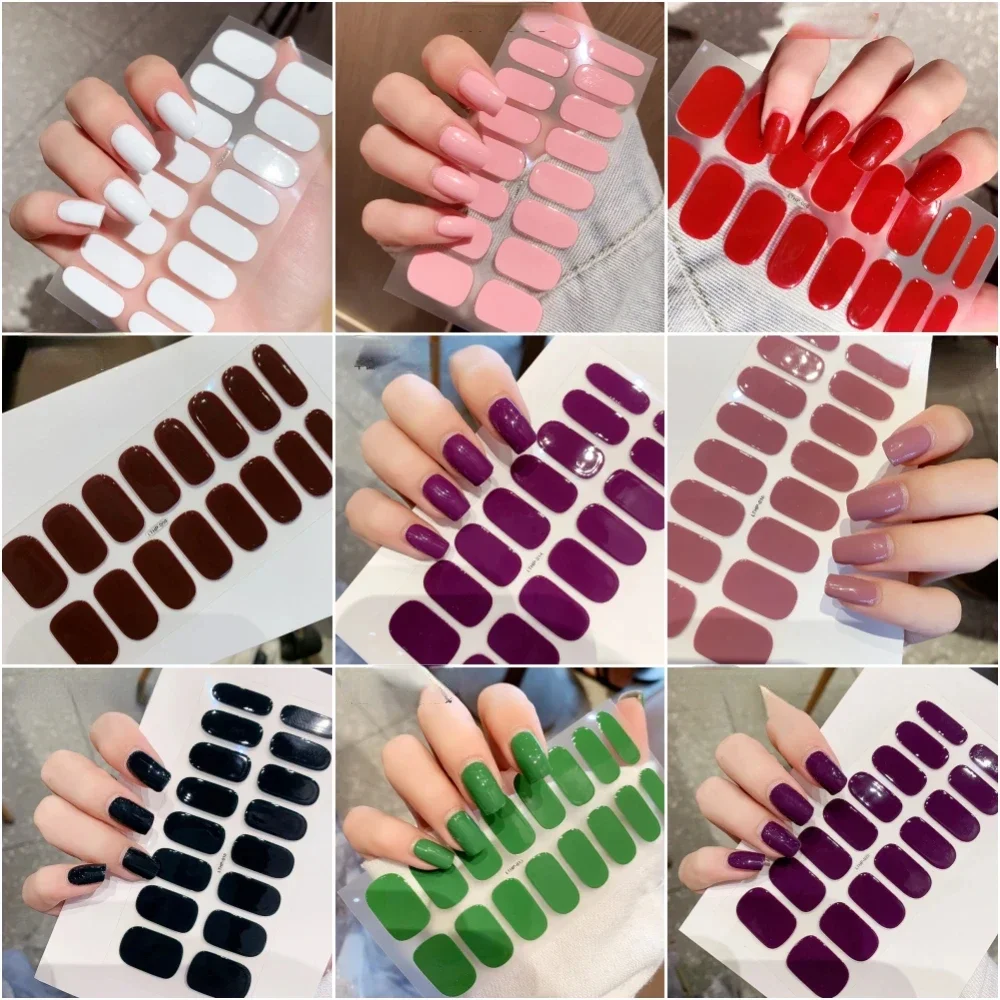 Semi-cured Gel Nail Wraps Sticker 16Tips Pure White/Black/Nude Long Lasting Full Cover Gel Nail Sticker Full Cover Decals
