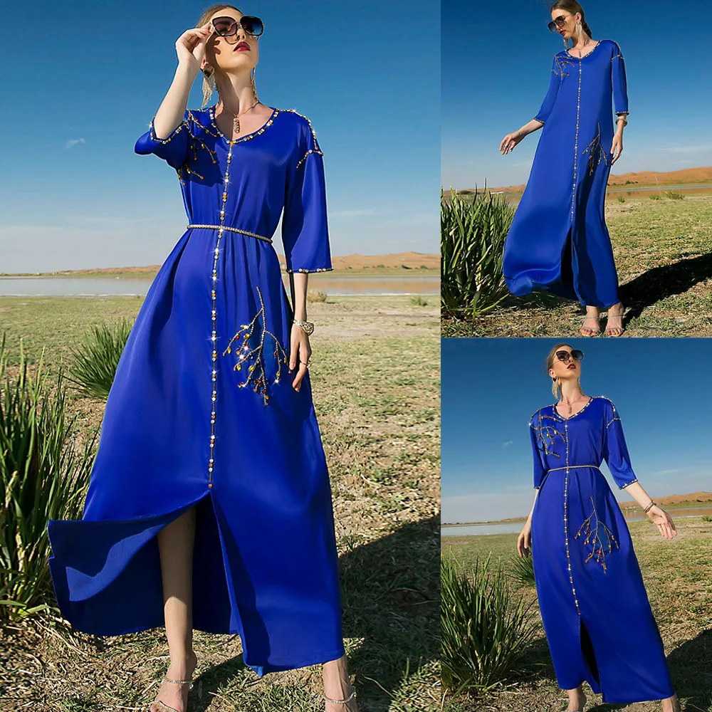 

Luxury Rhinestone Holiday Party Gown Muslim Women Satin Long Dress Islamic Ramadan Dubai Abayas Arabic Moroccan Jalabiya Caftan