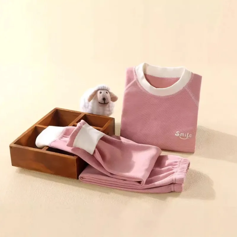 طقم ملابس داخلية حرارية مخملية للأطفال، بيجامات للأولاد والبنات، ملابس منزلية، ملابس الخريف، وسراويل الخريف