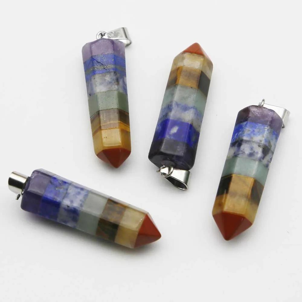 New Natural Stone 7Chakras Hexagon Pillar Necklace Pendant Mineral Healing Charm Fashion Jewelry Accessories Gift Wholesale 4Pcs