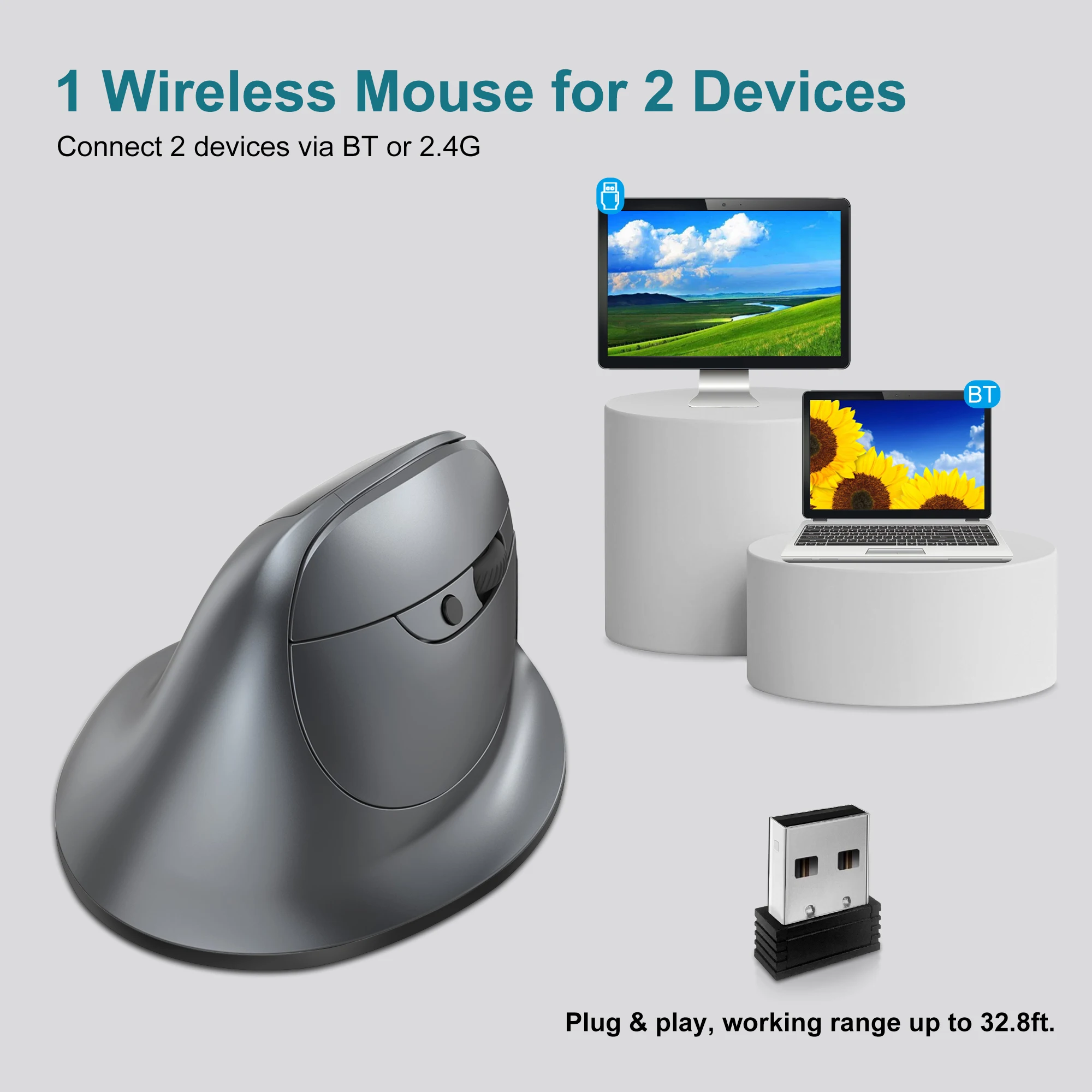 Lefon Bluetooth Mouse Vertical Mouse Ergonômico sem Fio com Tela Oled Rgb Usb Mouse Recarregável Óptico para pc Laptop Gaming - Imagem 3