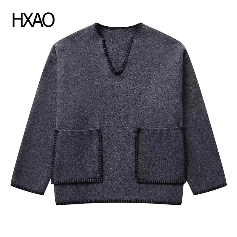 

HXAO V-Neck Pullovers Women's Sweater Patchwork Cashmere Sweater Long Sleeve Top Winter Crop Knit Jumpers New In Knitwears