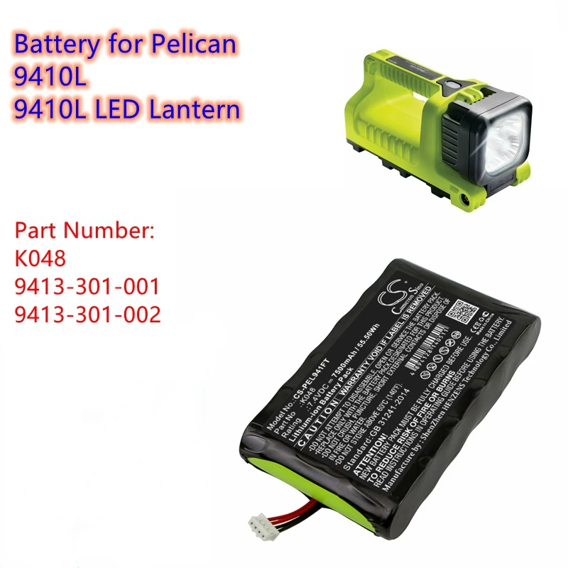 

Flashlight Battery 7.4V/7500mAh K048, 9413-301-001, 9413-301-002 for Pelican 9410L, 9410L LED Lantern