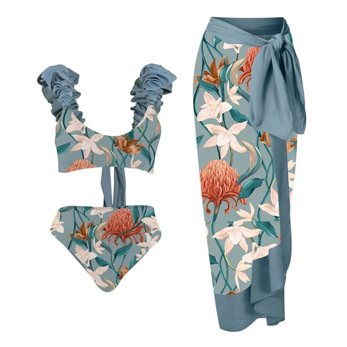 thumbnail image 1 of Traje de baño de una pieza para mujer, pareo de playa, falda cruzada, bikini con estampado floral retro, conjunto de baño de dos piezas de cintura alta, 1 of 5