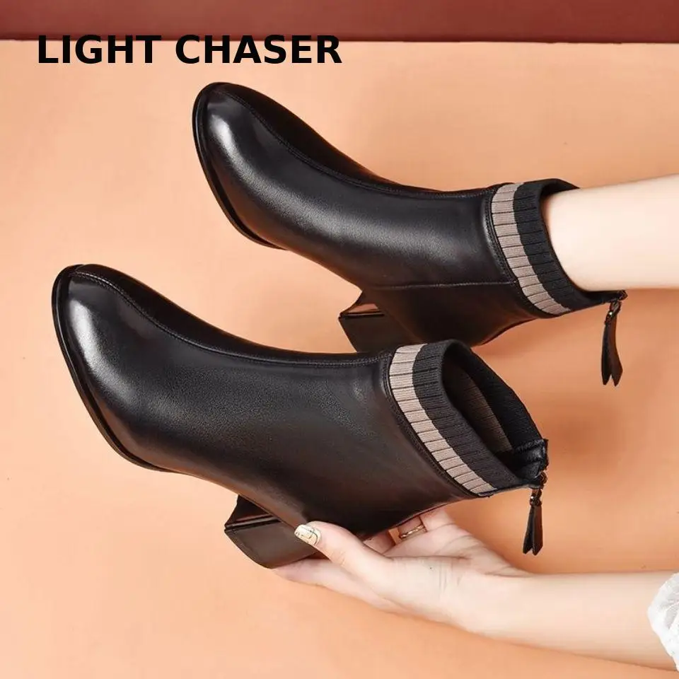 

Female Leather Boots New Autumn And Winter Versic Short Boots Shoe Thick Heels Short Single Boots Velvet Warm Female High Heels