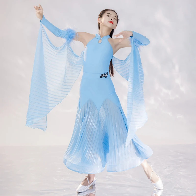 

Girls Blue Ballroom Dancing Dresses Off-Shoulder Bodysuit Skirt Feather Gloves Waltz Tango Dancing Competition Costume