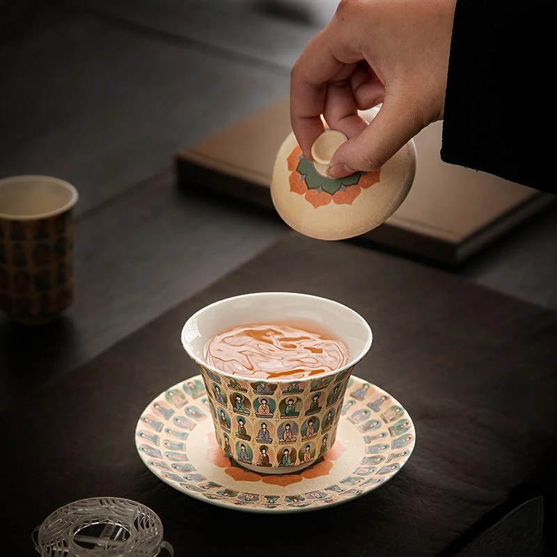 Ceramic San Cai Covered Bowl Hand-painted Thousand Buddha Tea Cup Kung Fu Tea Set Brewing Bowl Cups