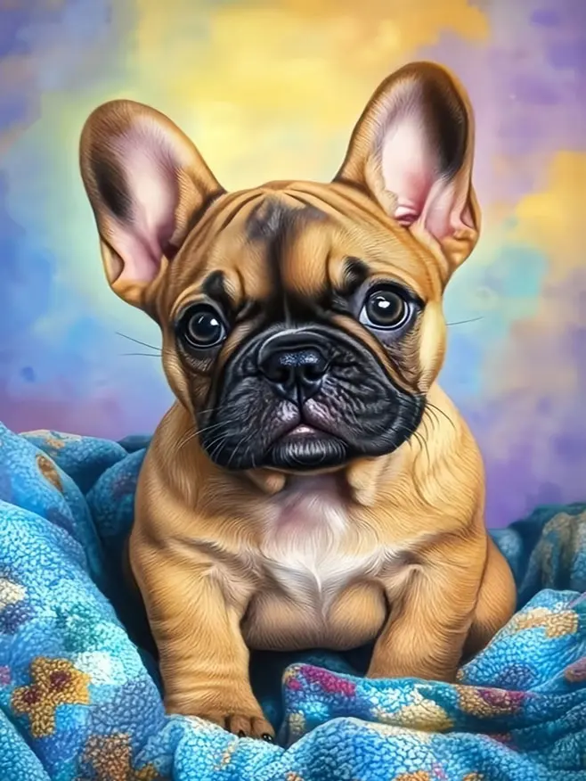 Het ontwerp: een portret van een fawnkleurige Franse bulldog op een blauwe quilt, tegen een pastelkleurige lucht