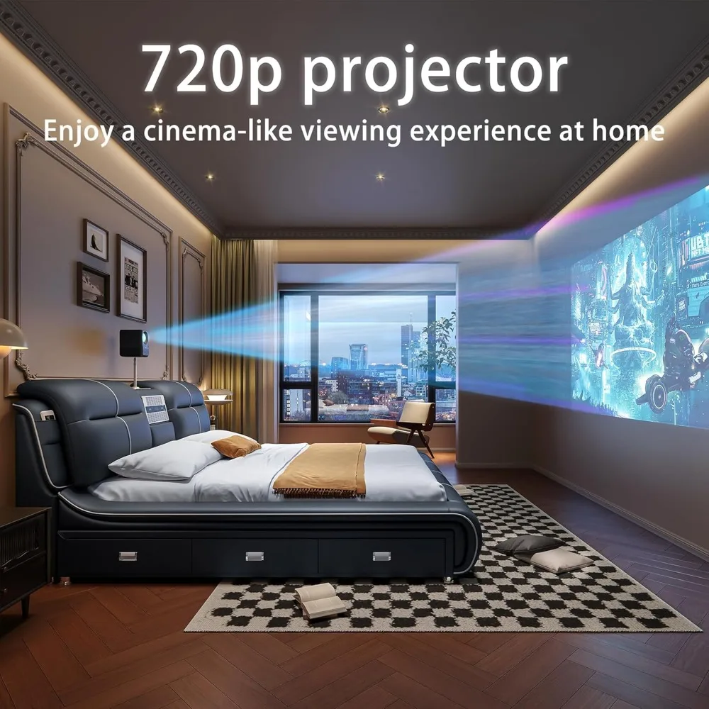 Multifunctional King Size Bed Frame, 720P Projector/Air Purifier/Massage Function/Music Speaker/USB Port/Storage Drawers 3