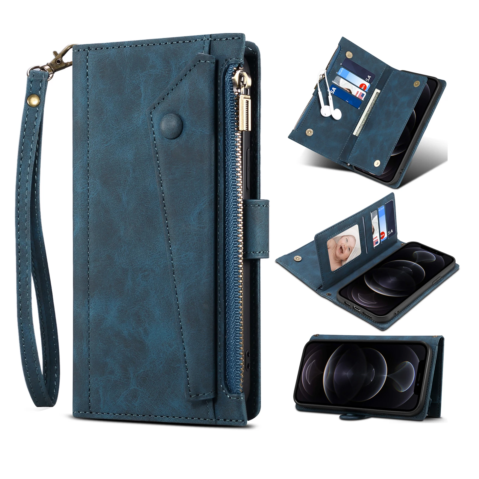 Crossbody Leather Zipper Wallet Card Phone Case with Lanyard and RFID Protection