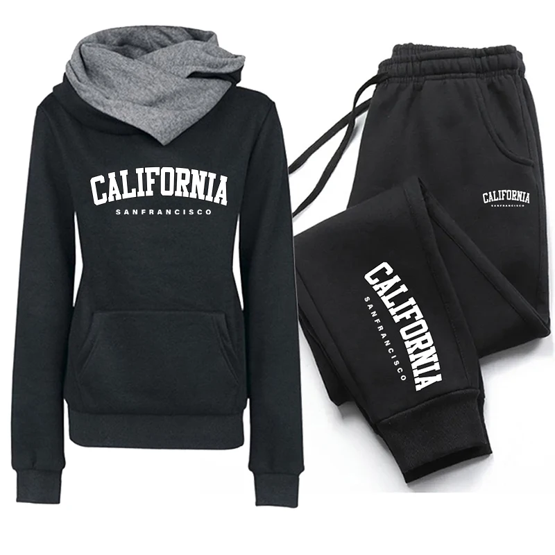 Women Clothing Set Tracksuit Print Double Neck Hooded Sweatshirts Sweatpants 2 Piece Set Autumn Winter Comfortable Warm Casual