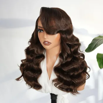 200 Density Chocolate Brown Human Hair Wig Body 13x4 Closure Transparent Lace Wig Layered Side Part Human Hair  Pre Plucked Pre 1
