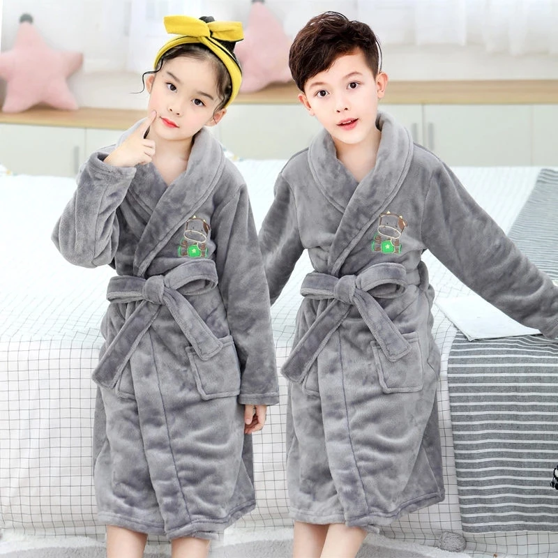 Flannel Bathrobe for Boys and Girls Hooded Bear Bathrobes Kids Baby Dressing Gowns Children Winter Sleepwear 4-14T