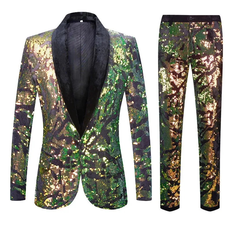 Mens Suit 2 Piece White Colorful Velvet Sequins Party DJ Club Dress Tuxedo Suit Blazer+Pants Stage Singer Wedding Suits for Men