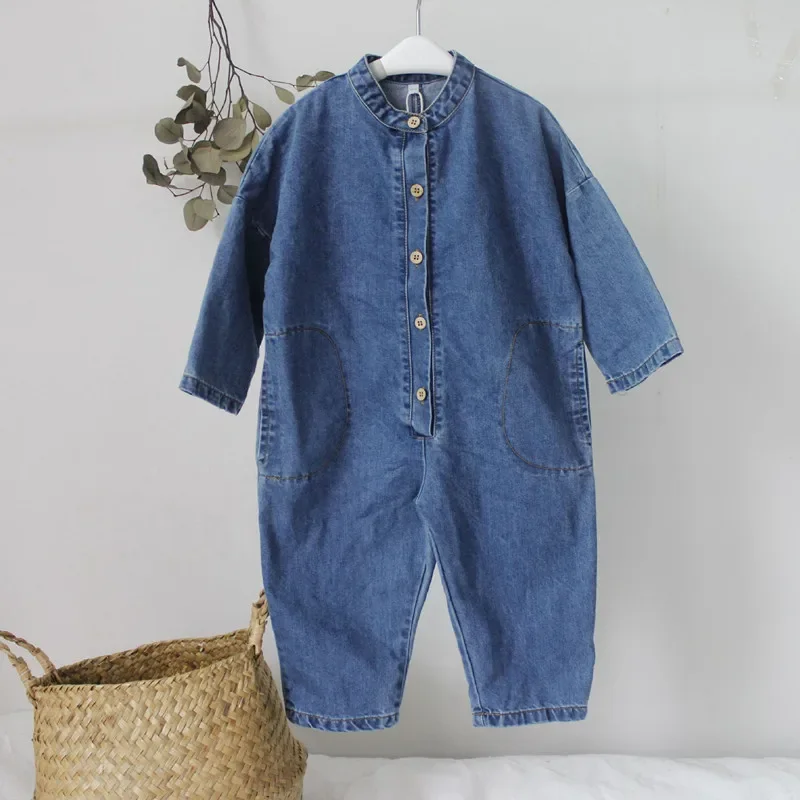 

New 2020 Autumn Unisex Children Denim Jumpsuits Korean Style Chic Baby Boys Girls Overalls Soft Loose Trousers Kids Clothes