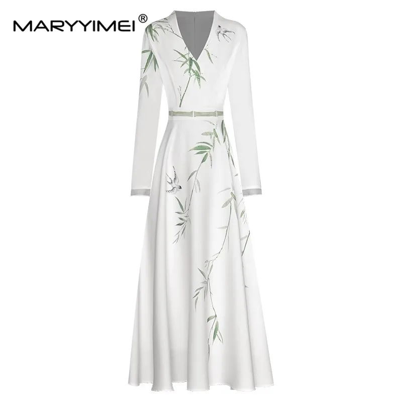 

MARYYIMEI Fashion Spring Summer Women's dress V-neck Long sleeved Hot drill Bamboo leaf Print Elegant Long Dresses