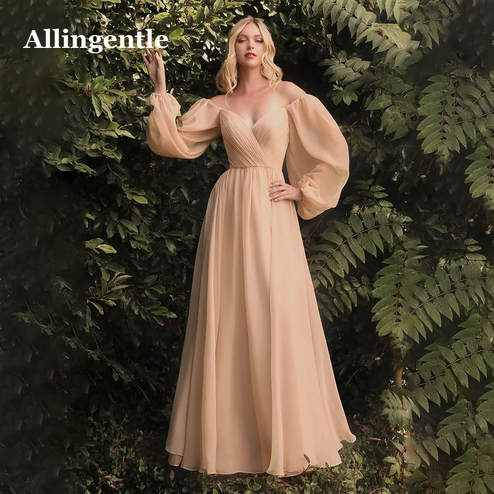 

Allingentle Off The Shoulder Long Sleeves Evening Dresses A-Line Floor Length Robes De Soirée Elegant Formal Occasion Dresses