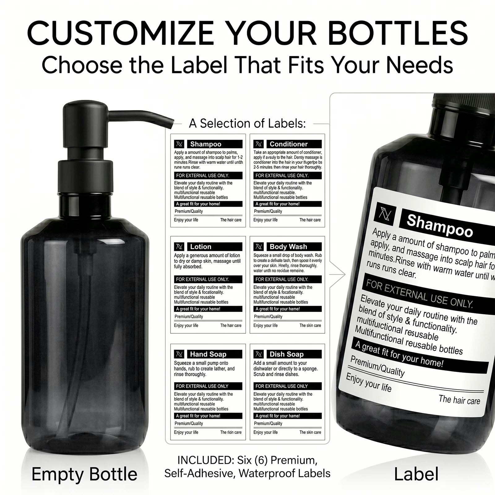 Deluxe Refillable Bathroom Dispenser Bottles for Shampoo, Conditioner, and Body Wash