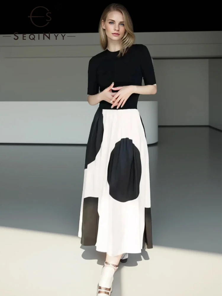 

SEQINYY Elegant Midi Dress Casual Summer Spring New Fashion Design Women Runway Knitting Short Sleeve Spliced Dot Print