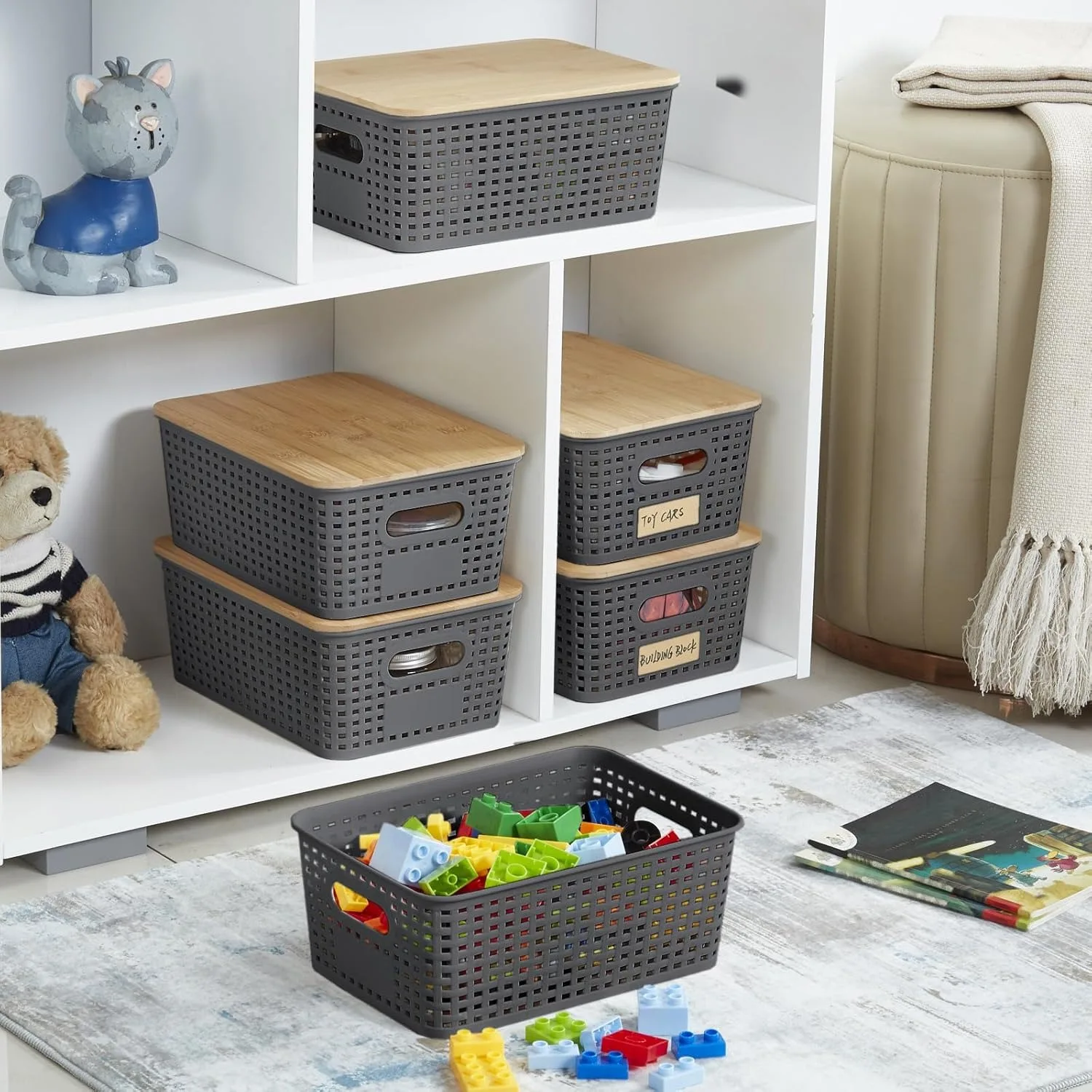 Small Plastic Storage Bins w/ Bamboo Lids 5.2qt Stackable Box Basket Decorative for Organizing Desktop Closet Office of 6 packs 4