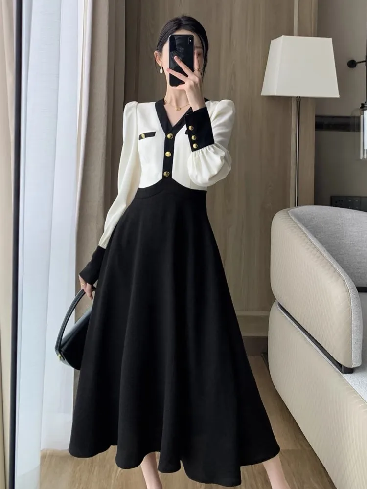 

Elegant Midi Dress Women Long Sleeve Patchwork Slim A-Line Dresses V-Neck Office Lady Fashion Clothing Spring Autumn New Robe