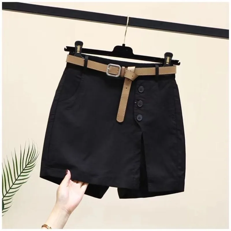Women's Elastic Waist Solid Color Patchwork Button Pockets 2023 Summer New High Waist Casual Shorts Korean All-match Pant Skirts