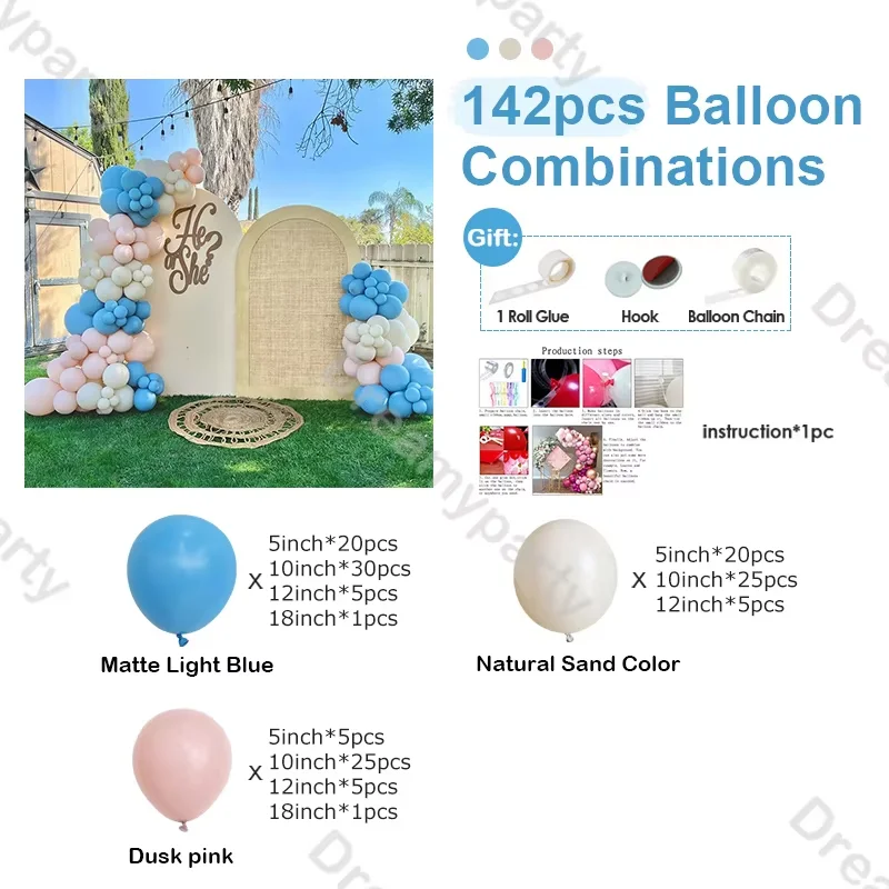 142pcs Pink Blue DIY Balloon Arch kit Baby Shower Gender Reveal Kid 1st Birthday Bride Wedding Anniversary Party Decoration