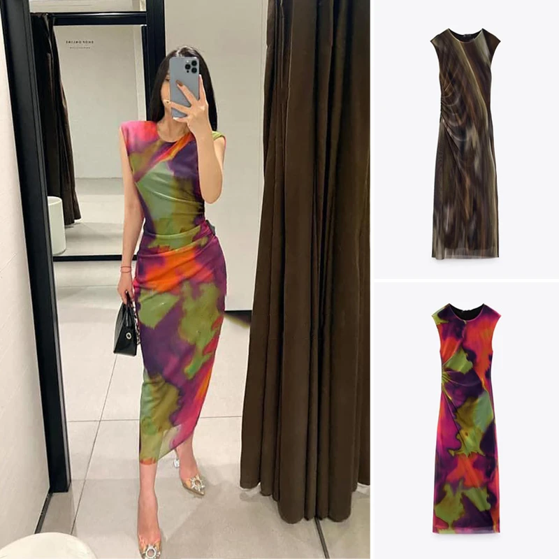 

Autumn and winter women's new round neck sleeveless waist slim mesh printed cheongsam dress