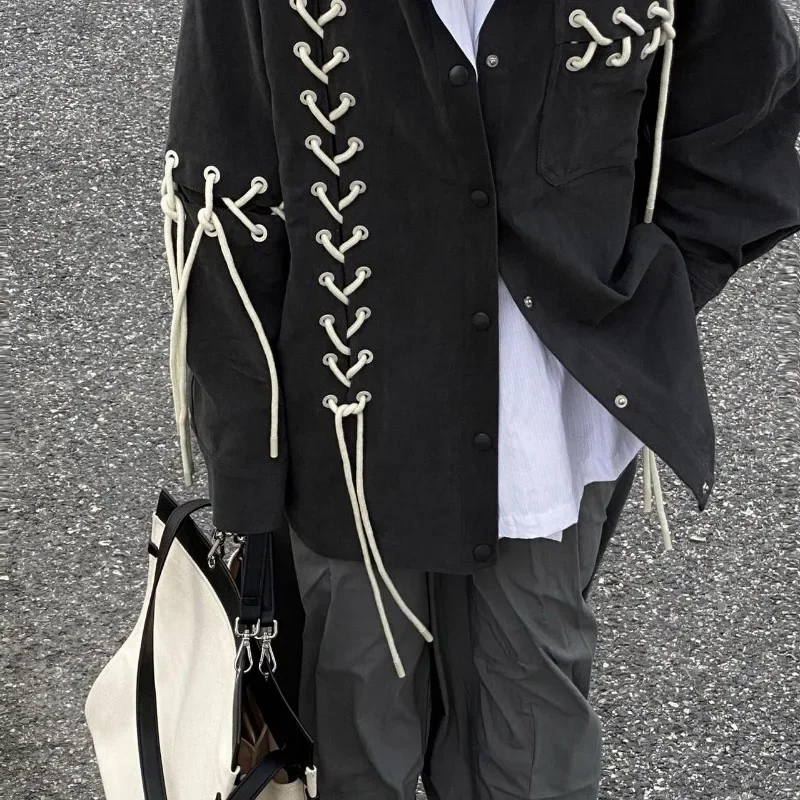 Gmiixder 유니섹스 빈티지 펑크 블랙 셔츠 코트 남성 여성 봄 가을 일본 하라주쿠 타이 로프 탑 다목적 하이 스트리트 셔츠