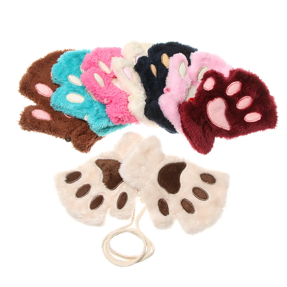 Children Gloves 1Pair Lovely Cat Paw Children Gloves Fluffy Warm Plush Gloves Girl Fashion Fingerless Mittens Winter Warm Accessories