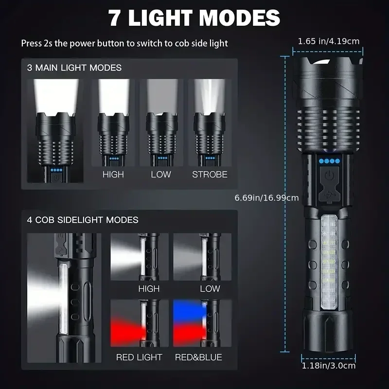 Powerful XHP50 LED Flashlight Waterproof Torch With Side Light 7 Modes Camping Fishing Lantern Type C Rechargeable Zoom Lamp 4