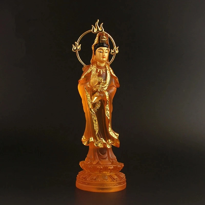 

23cm Gold Resin Tibetan Tranic Standing Guanyin Bodhisattva Buddha Statue Figurine Putting Decoration
