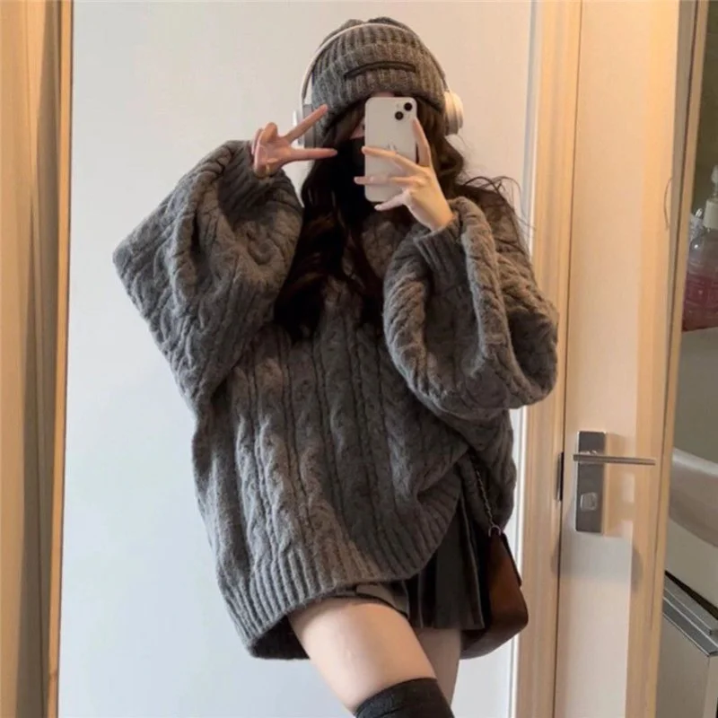 New Retro Solid Color Oversized Sweater Fashion Grey Loose V-Neck Sweater Women Korean Style Casual Simple Pullover