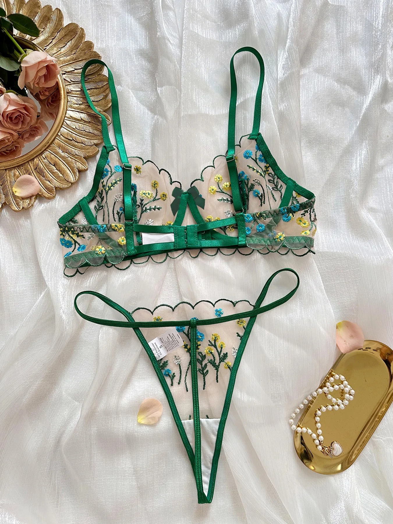 Yimunancy 2-delige Bloemen Lingerie Set Vrouwen Borduurwerk Boho Bh String Ondergoed Set Intimi