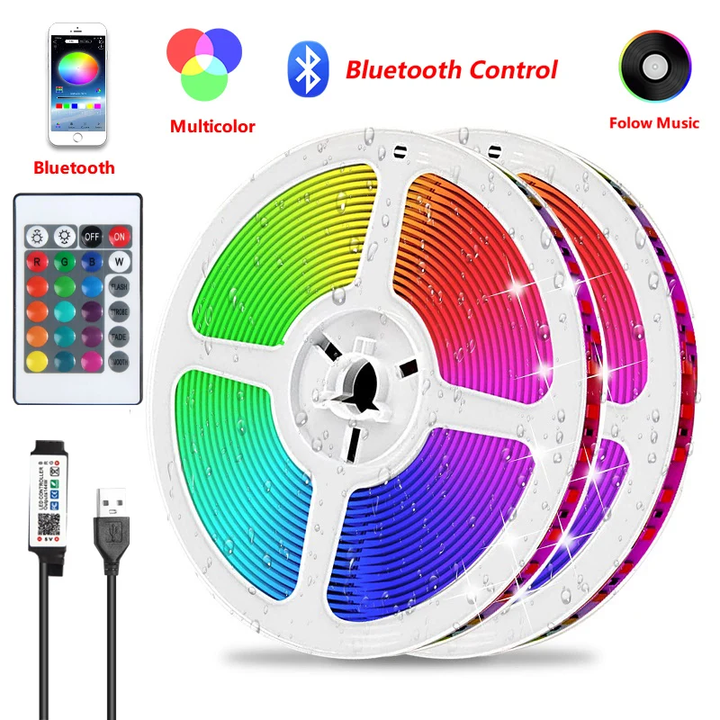 RGB LED 스트립 조명 SMD 3535 블루투스 원격 제어 장식, 거실 USB 램프 음악 모델 TV 배경 방 장식 선물