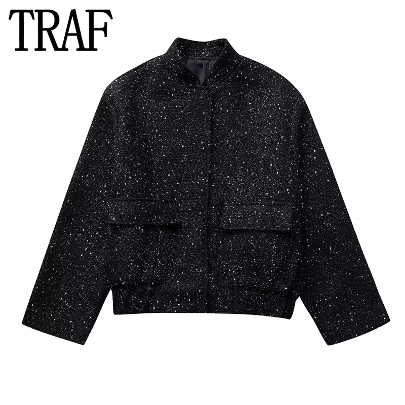 

TRAF Sequin Black Jacket Women Cropped Tweed Oversize Jacket Woman Autumn Winter Woman Coat 2023 Luxury Glitter Bomber Jackets