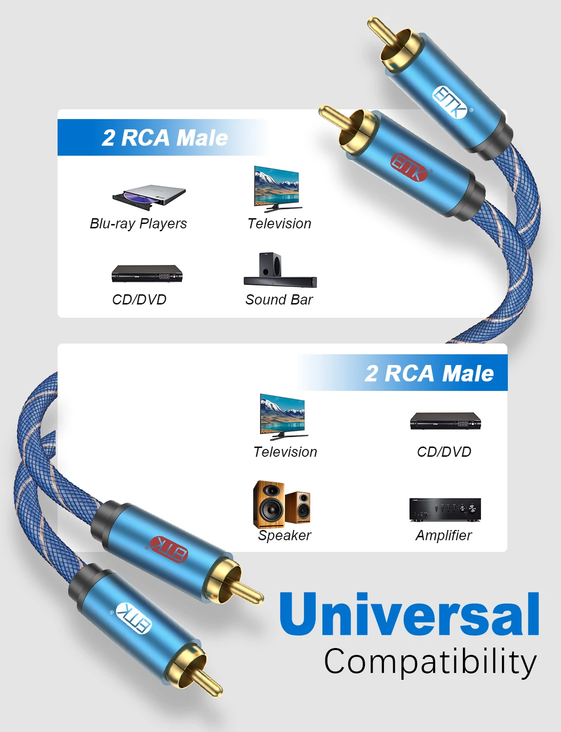 Emk-rca Cabo Phono Cabo 2rca Macho para 2rca Alumínio Shell Cabo Subwoofer Cabo de Áudio Estéreo para tv Alto-falante Hi-fi Systems - Image 2