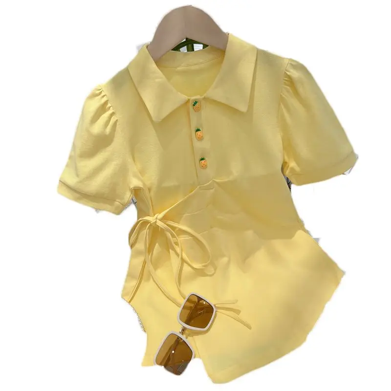 2023 Dress Turn-down Collar Short Sleeve A-line Above Knee Length Pullover Cotton Solid Simple Sweet Fashion Casual Summer Girls