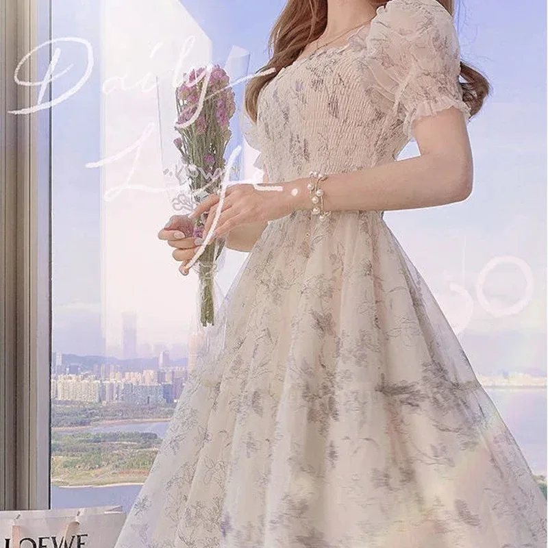 New Elegant Fashionable Bubble Sleeve Square Collar Women's Dress New Floral Fungus Edge A-line Loose Skirt 20044