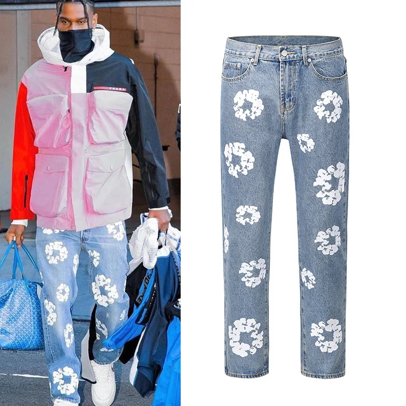 

Harajuku Color Block Flower Full Print Kanye Jeans Pants Oversized Streetwear Retro Straight Casual Men and Women Denim Trousers