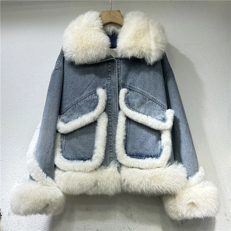 

2023 Winter Women Imitation Fox Fur Patchwork Denim Jacket Streetwear Fashion Warm Down Liner Cowboy Parkas Casual Jeans Jacket