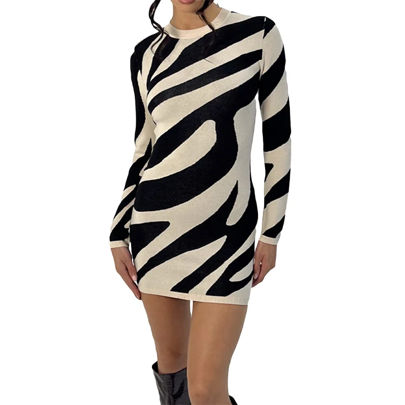 

Women Knit Bodycon Dress Fall Winter Vintage Zebra Print Party Club Long Sleeve O Neck Slim Knitwear Mini Vestidos Streetwear