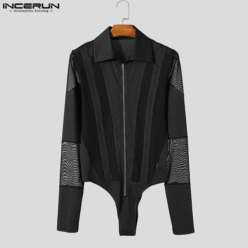INCERUN American Style Bodysuits New Men Stylish Sexy Jumpsuit Male Leisure Loungewear Spliced Zipper Long Sleeved Rompers