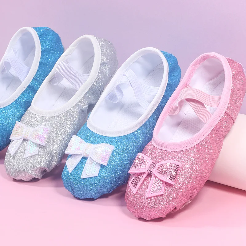 Shiny Pink Blue Bowknot Ballet Shoes for Girls Kids Shoes for Girl Geritide Dance Flat Dancing Shoe with Sequins Girls dance shoes