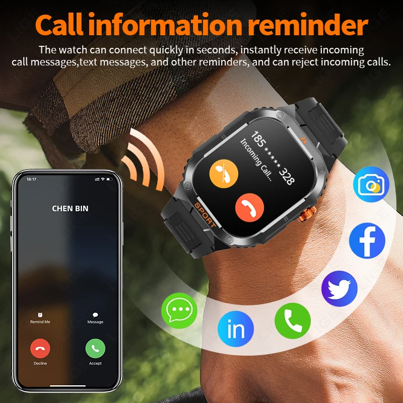 LIGE 2.01" Outdoor Military LED Flashlight Smart Watch Men Call Reminder Waterproof Sports Fitness Smartwatch For Android IOS