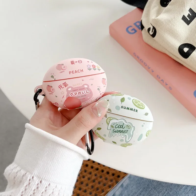 화웨이 프리클립용 이어폰 케이스, 만화 과일 음료 패턴 디자인 크리스탈 스티커 헤드셋 커버, 후크 포함
