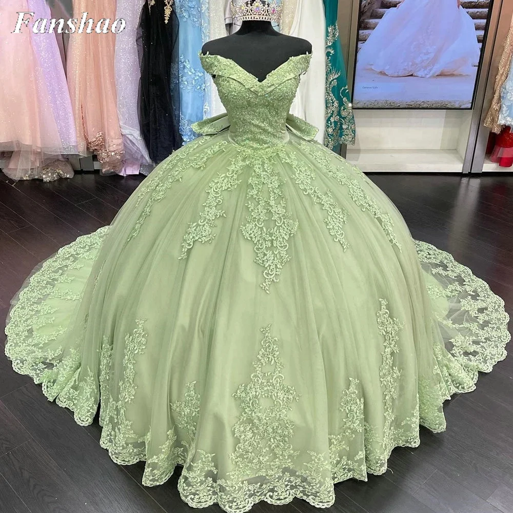 

Fanshao wd593 Sash Quinceanera Dress Off Shoulder Appliques Lace Ball Gown Sweet 15 Vestidos De Novia